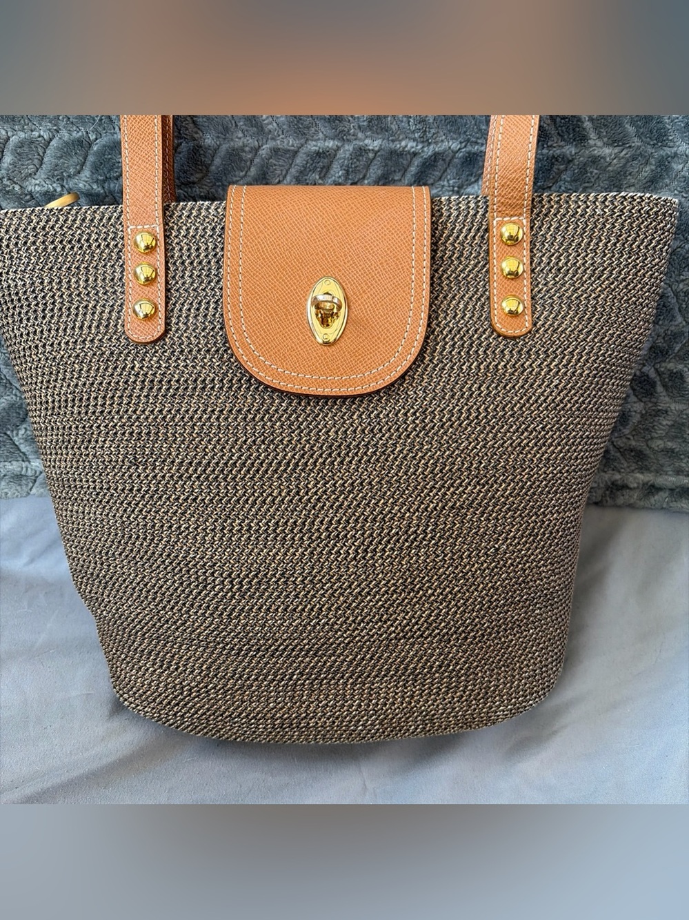 Eric Javits Brown Woven Tote with Tan Leather Trim and Gold Hardware